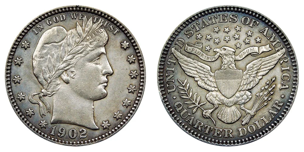 1902 Barber Quarter obverse and reverse showing Liberty head and heraldic eagle