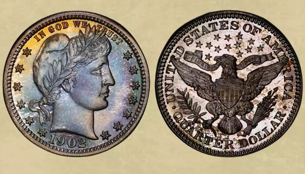 Comparison of 1902 Barber Quarter business strike (top) vs 1902 Proof (bottom) showing mirror fields and frosted devices