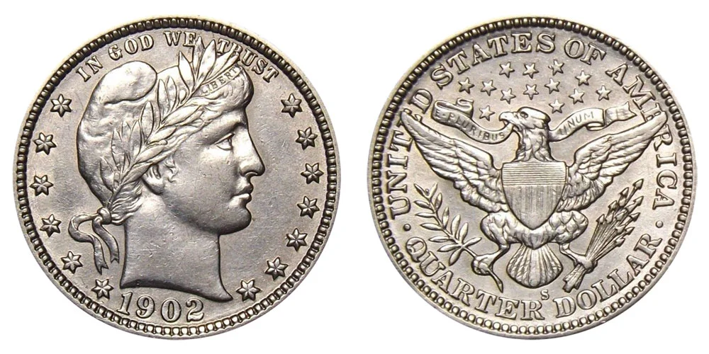 1902-S Barber Quarter reverse showing S mint mark below eagle's tail feathers