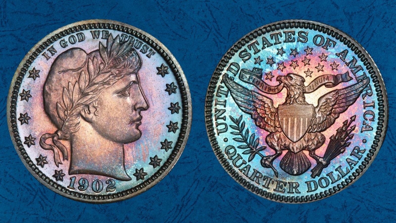 1902 Proof Barber Quarter obverse showing deeply mirrored fields and frosted cameo Liberty portrait