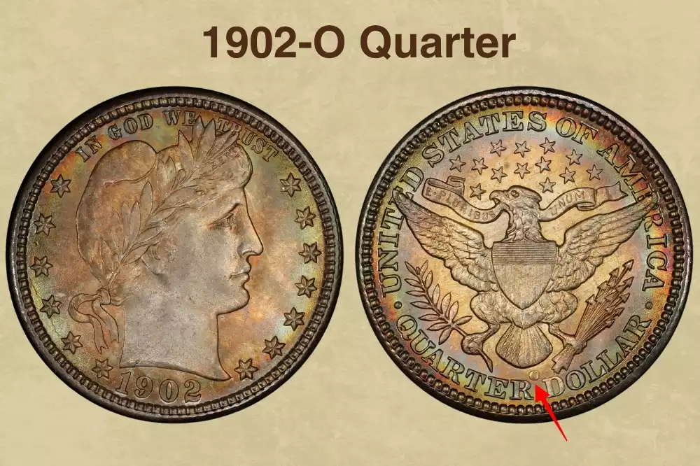 1902-O Barber Quarter reverse showing O mint mark and typical New Orleans strike characteristics