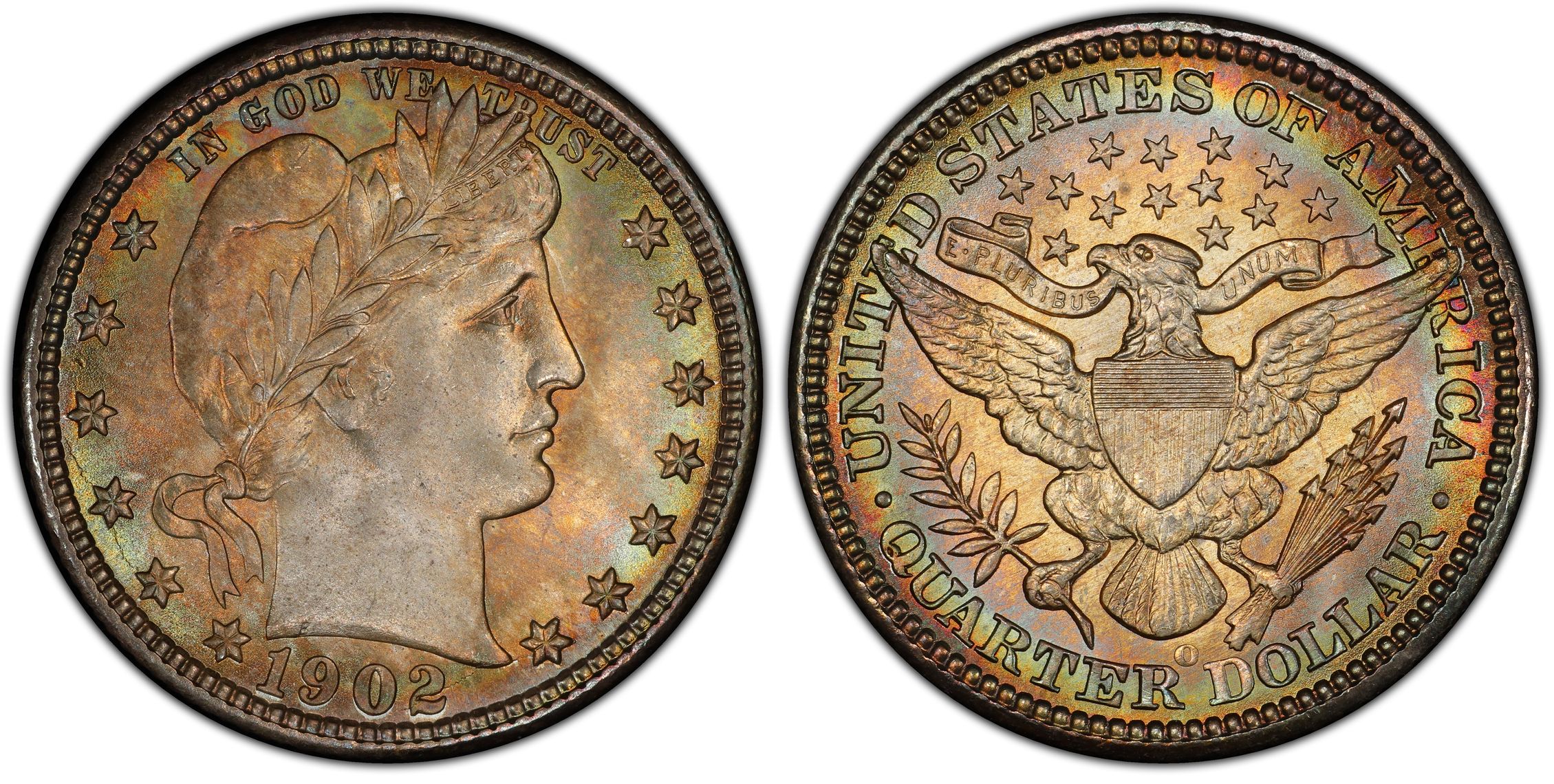 Close-up of 1902 Barber Quarter date showing repunched date (RPD) variety with secondary digit impression