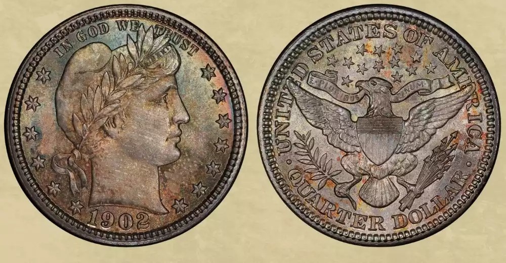 Close-up of 1902 Barber Quarter obverse showing doubled die (DDO) doubling on Liberty portrait and LIBERTY lettering