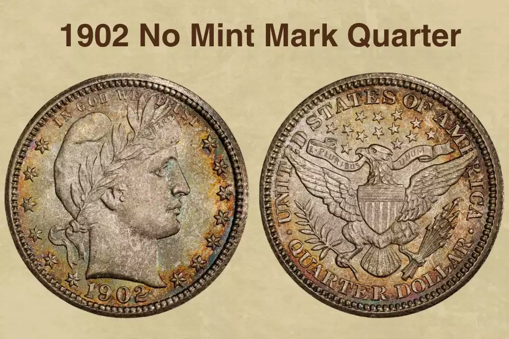 Group of 1902 Barber Quarters from all three mints plus Proof, arranged on dark background