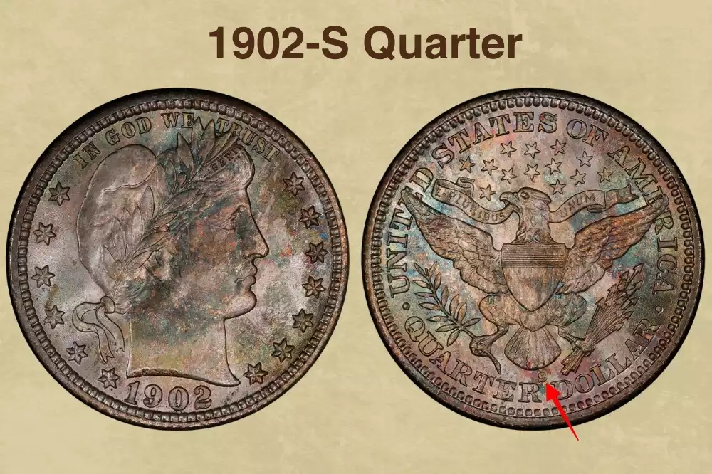 1902 Barber Quarter grading strip showing four condition tiers from Good to Gem Uncirculated side by side